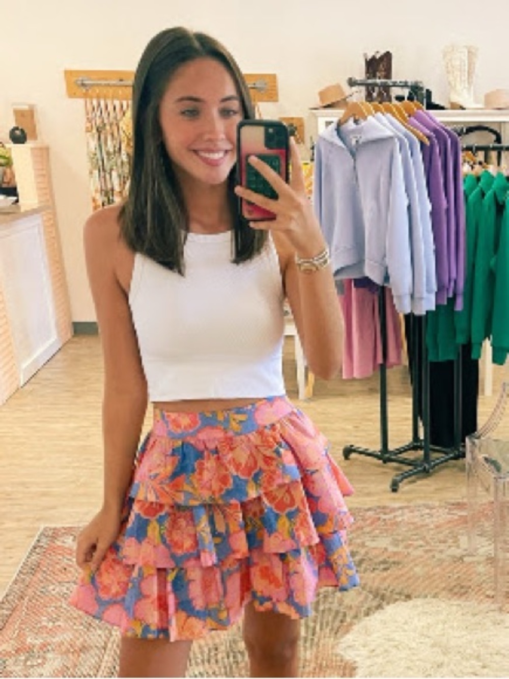 Olivaceous Floral tiered ruffle mini skirt cotton high rise waisted